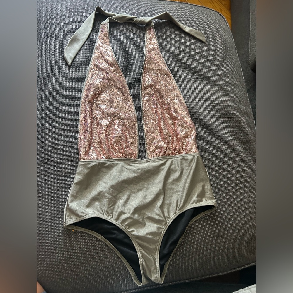 Sequin Plunge One-Piece Swimsuit – Rose Gold & Olive (Size L)